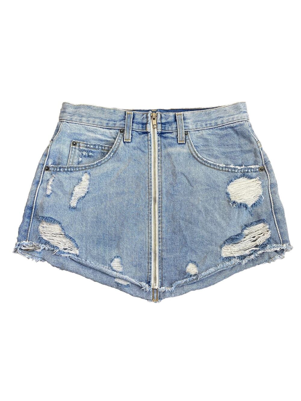 CARMAR Beatrice Zip Front Denim Skirt Womens Size 28 Distressed Boho Grunge Y2K